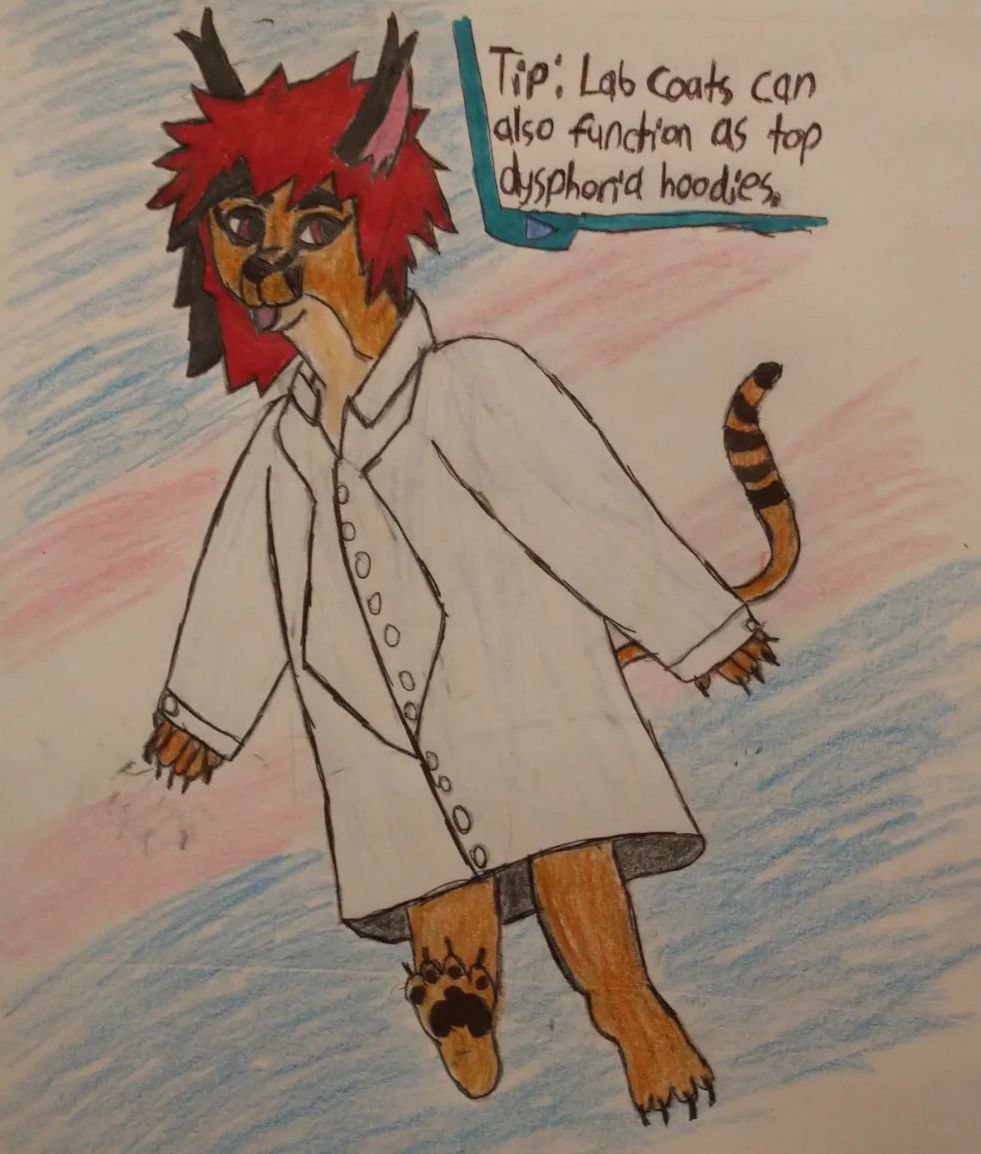 a picture of my fursona, a caracal, with a trans flag background in a lab coat. Text reads: lab coats can also function as dysphoria hoodies
